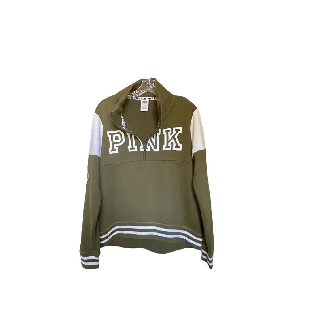 Victoria Secret Pink Olive Green 1/4 zip Pull over sweater Jacket Size XS - Picture 3 of 12